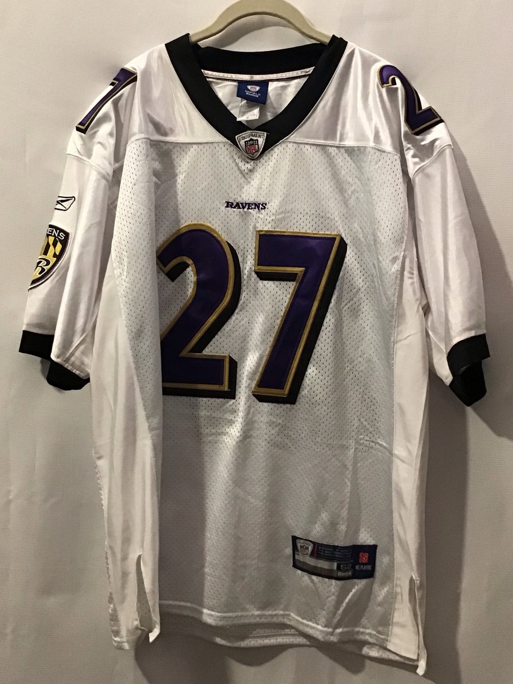 568 Reebok White Baltimore Ravens #27 Men’s Jersey with Purple & Gold Trim